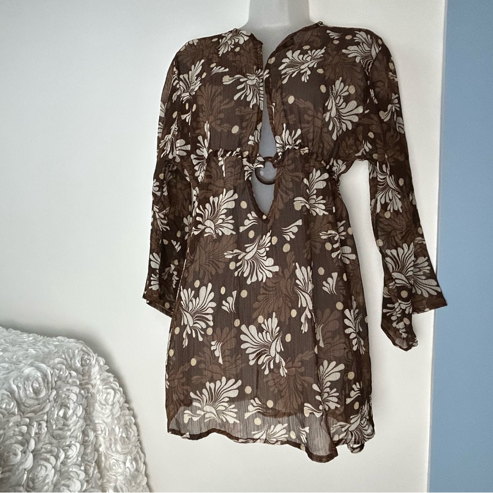 Sun n Sand Sheer Brown Floral Swim Cover‎ Medium